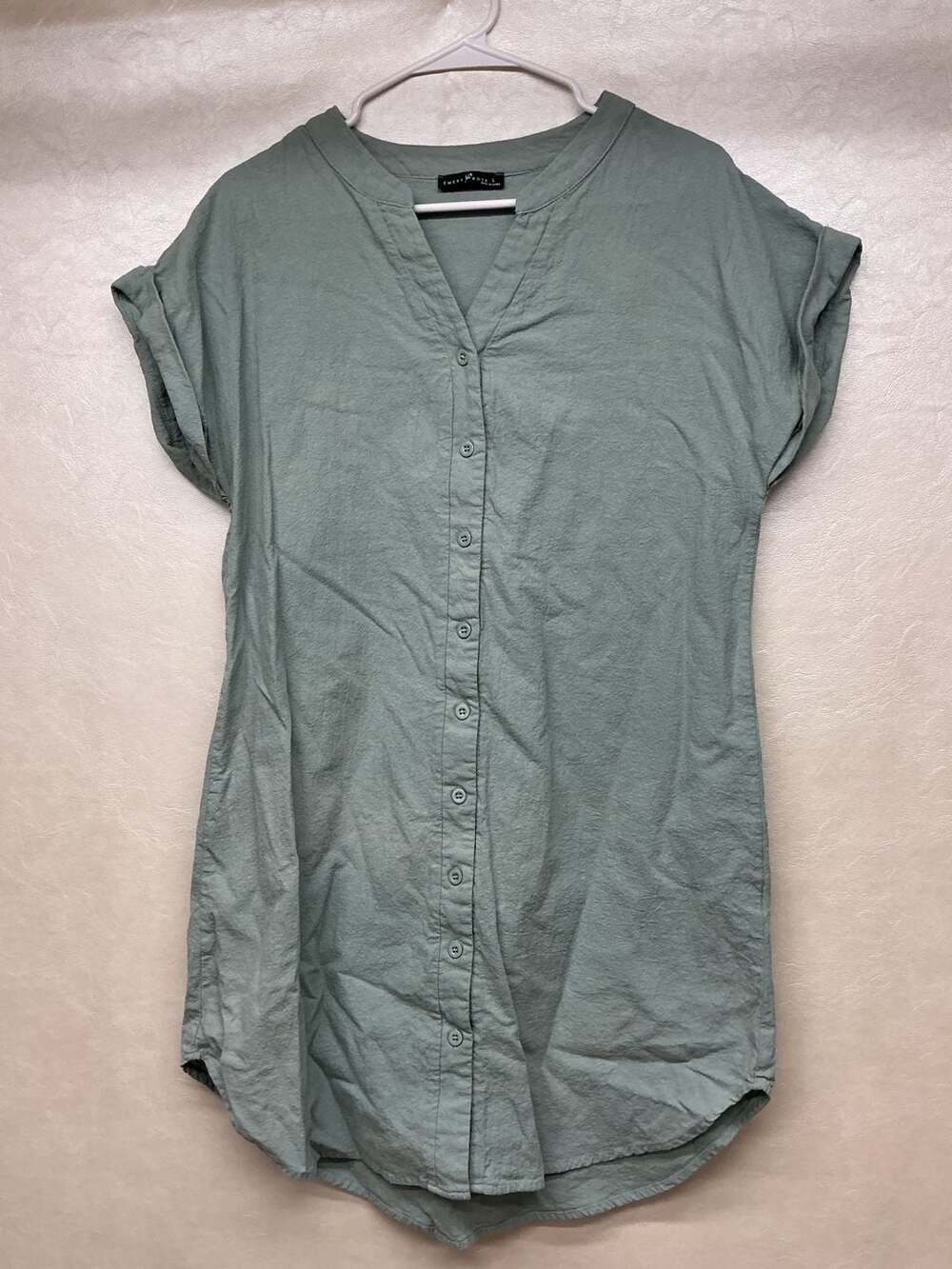 Emery Rose Button-Down Dress Size L Green V-Neck Cuffed Sleeves